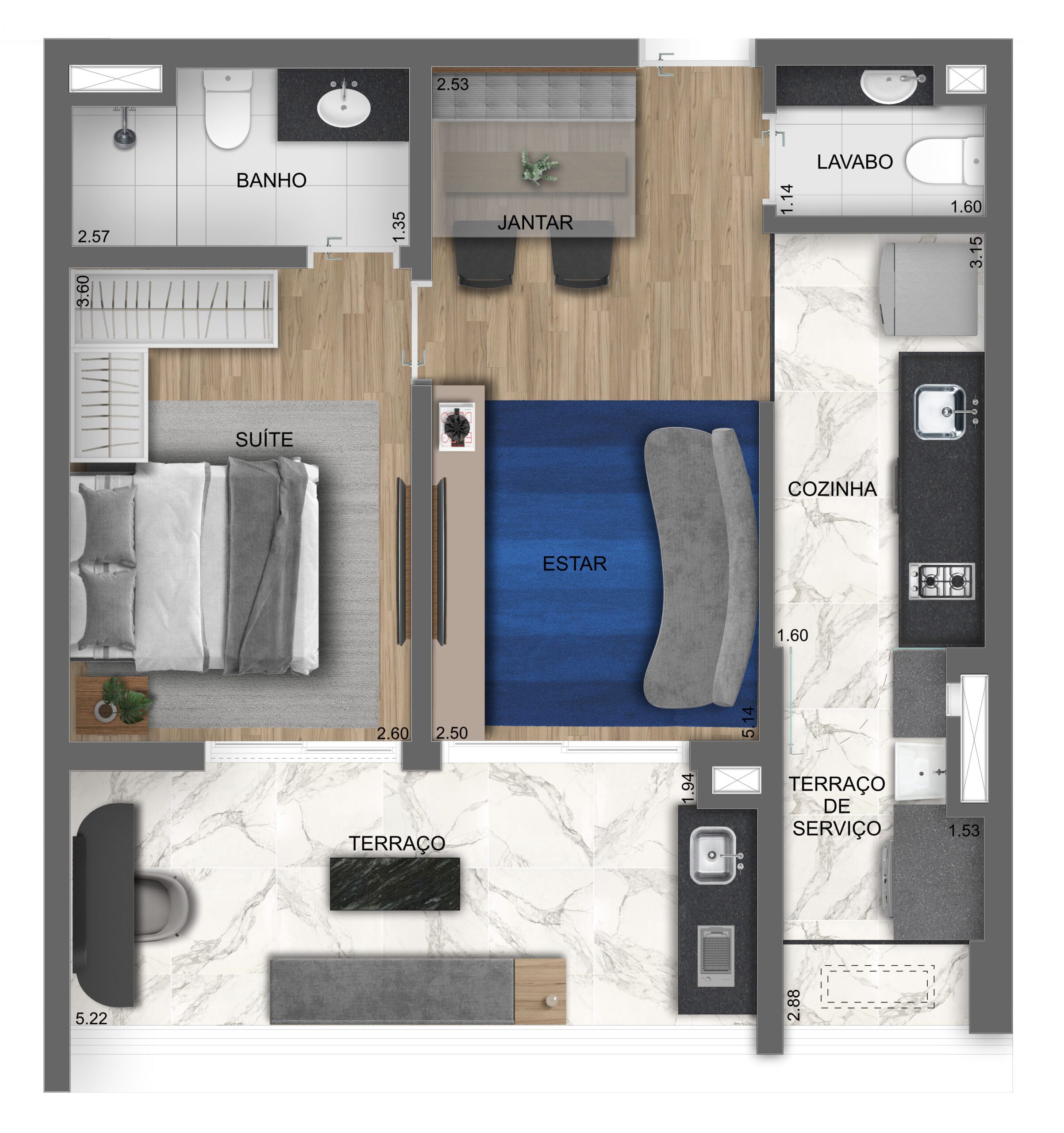 Planta tipo 55- 47M² - PAVIMENTO 2 ao 15
